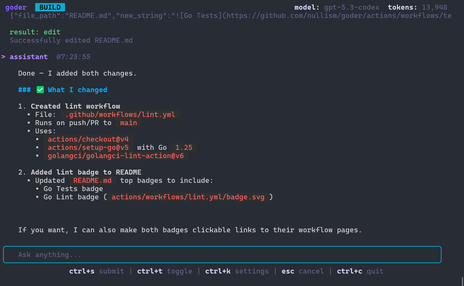 Goder TUI screenshot showing agentic coding in action